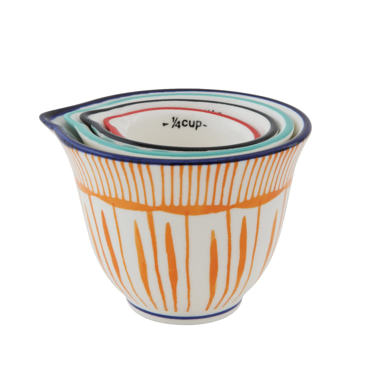 Creative Co-Op Hand Stamped Striped Stoneware Measuring Cups (Set of 4 Sizes/Designs)