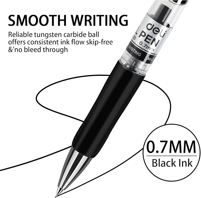 deli Gel Pens, 100 Pcs Retractable Pens Black Ink, Medium Point Pen 0.7mm, Smooth Writing, Fast Dry, No Bleed for Journaling Note Taking, Home School Office Supplies