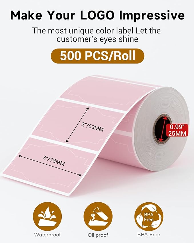 Phomemo Pink Thermal Labels for Shipping Label Printer for Small Business Supplies - 3" x 2" Commercial Grade Round Stickers Roll for Custom Stickers Personalized & Business - 500 Pink Labels/Roll
