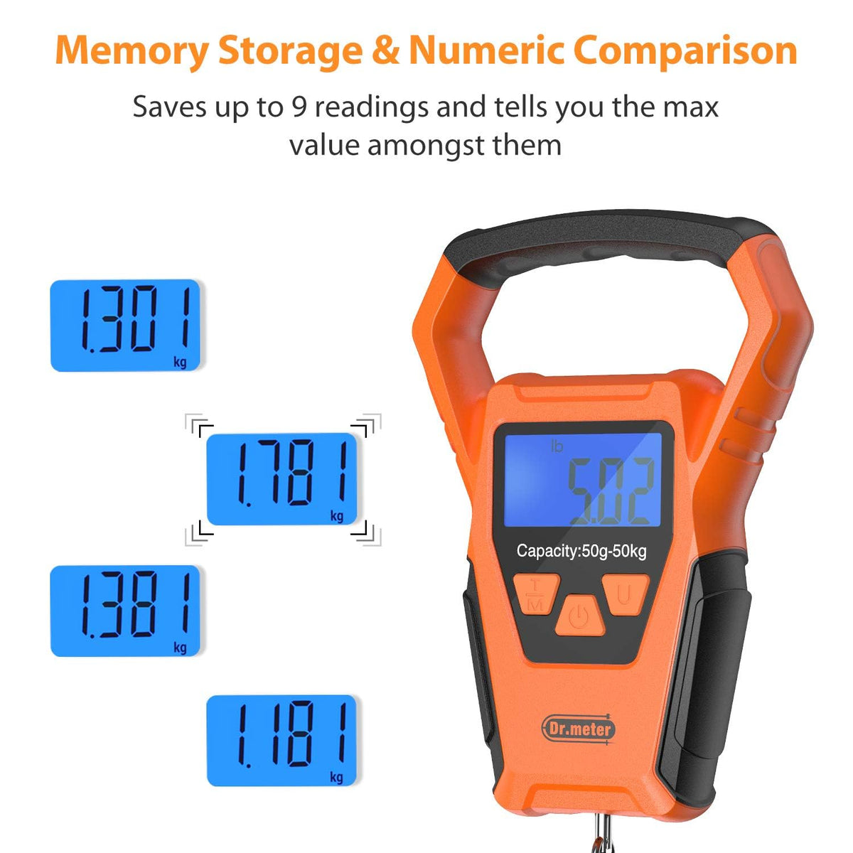 Dr.meter Fish Scale Waterproof: Luggage Weight Scale with Bigger Handle and Hook Upgraded IPX7 110lb/50kg Backlit LCD Display Digital Hanging, Built-in Tape, Battery Included, Fishing Gifts for Men