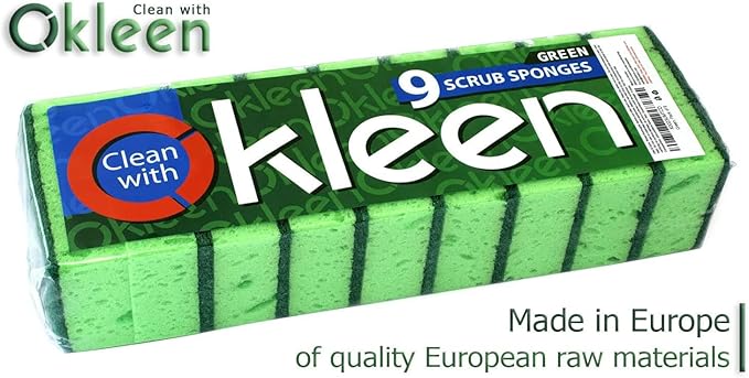 Green Multi Use Scrub Sponge. Made in Europe. 9 Pack, 4.3x2.8x1.4 inches. Odorless Heavy Duty and Non Scratch Fiber. Best, Durable, Delicate, Porous, Non Cellulose Kitchen Sponges and Scrubbers