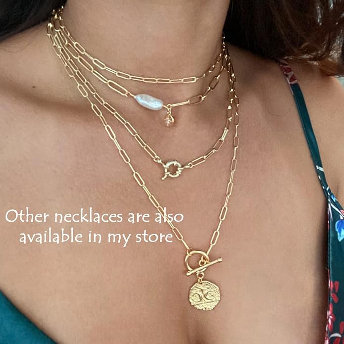 Aobei Pearl 18K Gold Plated Paperclip Chain Choker Satellite Chain Freshwater Cultured Biwa Pearl Pendant Necklace Dainty Jewelry for Women