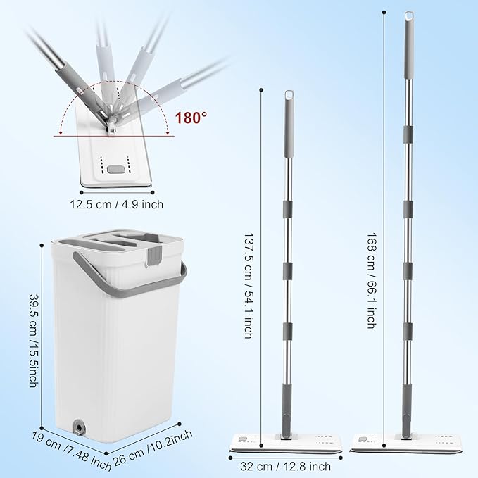 Flat Mop and Bucket with Wringer Set, Hands-Free Floor Mop and Bucket with 3 Reusable Washable Microfiber Pads and 66" Stainless Steel Handle, Wet and Dry Use for Home Floor Cleaning