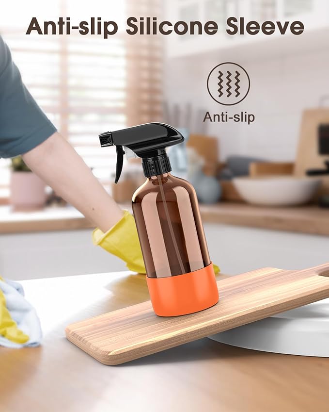 Glass Spray Bottle with Silicone Sleeve Protection, Amber Glass Spray Bottle Set for Window Cleaner Aromatherapy Facial Hydration Watering Flowers Hair Care 2 Pack/16 oz (Black & Orange, 16 oz)
