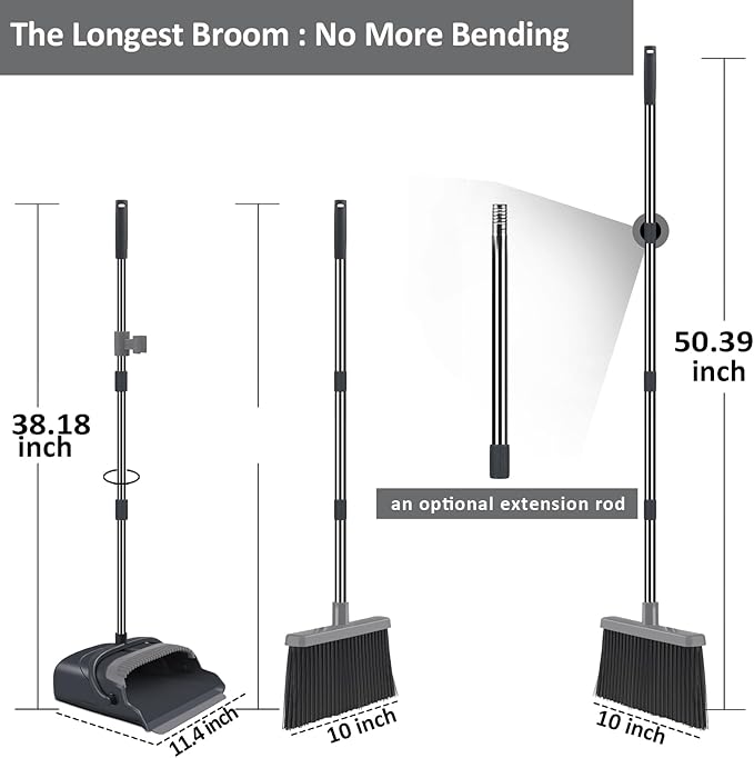 kelamayi Broom and Dustpan Set for Home, Office, Indoor&Outdoor Sweeping, Stand Up Broom and Dustpan (Black&Gray)