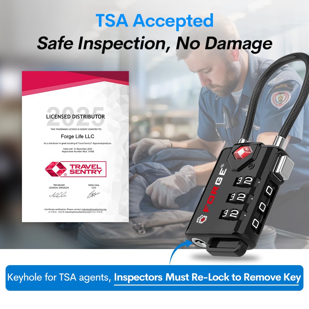 TSA Approved Cable Luggage Locks, Re-settable Combination with Alloy Body