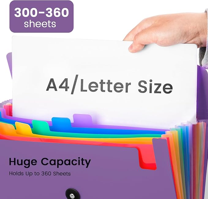13 Pocket Accordion File Organizer with Elastic Closure, Expanding File Folder for Letter Size A4 Papers, Ideal for Home, Office Supplies, College Essentials - Purple