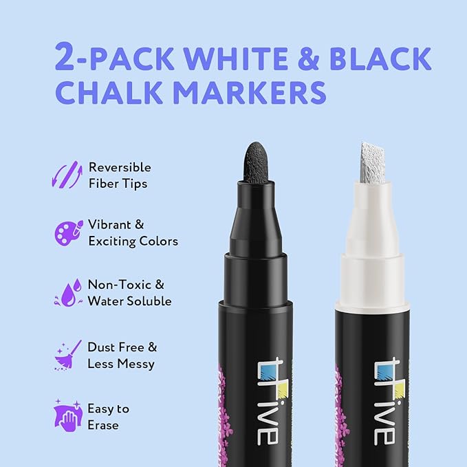 TFIVE White&Black Liquid Chalk Markers - 2 Pack Bright Colors Erasable Chalk Marker Pens, Reversible Tip, Non-Toxic, for Chalkboards, Signs, Glass, Easy to use Chalk markers TF800