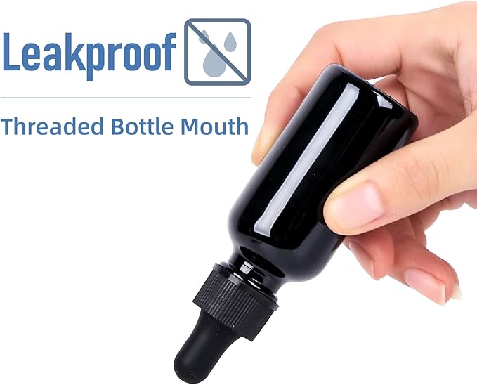 1 oz UV Resistant Dropper Bottle 24 Pack Black Glass Boston Bottles 30ml with Eye Droppers Black Caps for Essential Oils, Perfume, Leak Proof Travel Bottles for Liquids