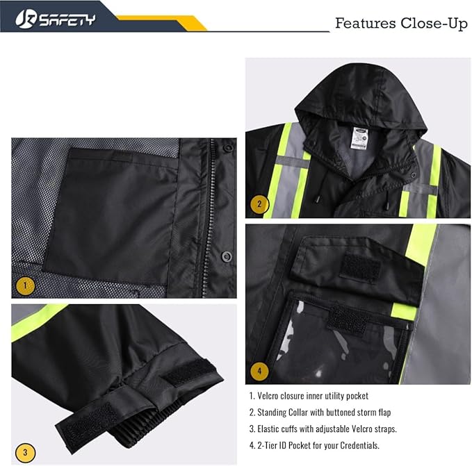 JKSafety Hi-Vis Reflective Safety Rain Jacket for Men Women Waterproof Rain Gears for Farming Fishing Work HV Rain Jacket with Inner Mesh Lining and Pockets (117A-Black XXL)
