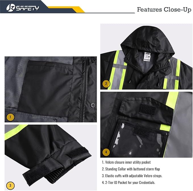 JKSafety Hi-Vis Reflective Safety Rain Jacket for Men Women Waterproof Rain Gears for Farming Fishing Work HV Rain Jacket with Inner Mesh Lining and Pockets (117A-Black XL)