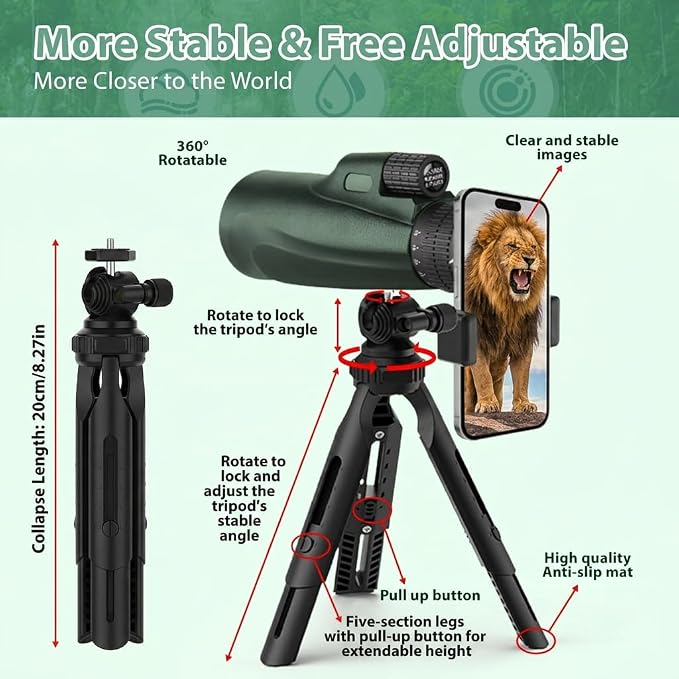 Monocular Telescope 80 x 100 High Powered Monoculars for Adults with Tripod, Monocular for Smartphone Suitable for Bird Watching Larger Vision Monoculars for Adults with BAK4 Prism & FMC Lens Green