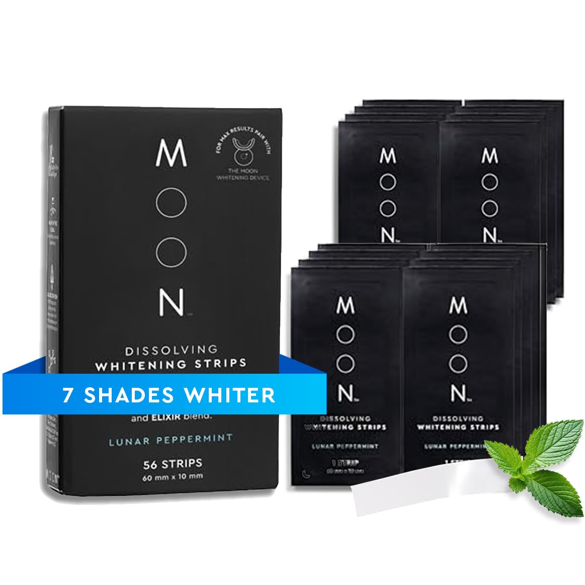 MOON Dissolving Teeth Whitening Strips - Vegan, Easy-to-Use, No Rinse White Strips - Hydrogen Peroxide and Essential Oils Infused Gentle Teeth Whitening Kit - Travel Essentials for Oral Care (56 Ct)