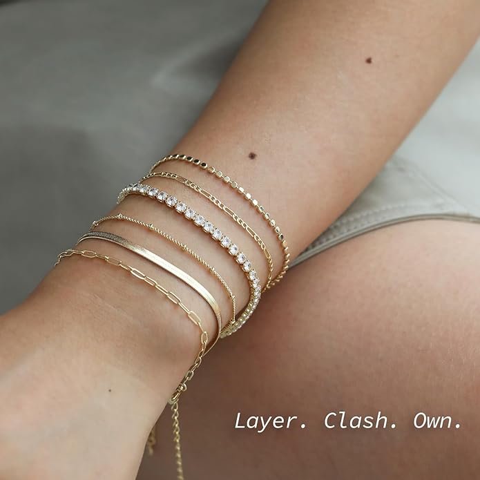 Krfy 5/6Pcs Gold Plated Bracelets for Women Trendy, S925 Plated Silver Bracelet Stack, Non Tarnish Waterproof Bracelets for Women, Paperclip Herringbone Figaro Cuban Twist Chains, Size 6.5''+2''