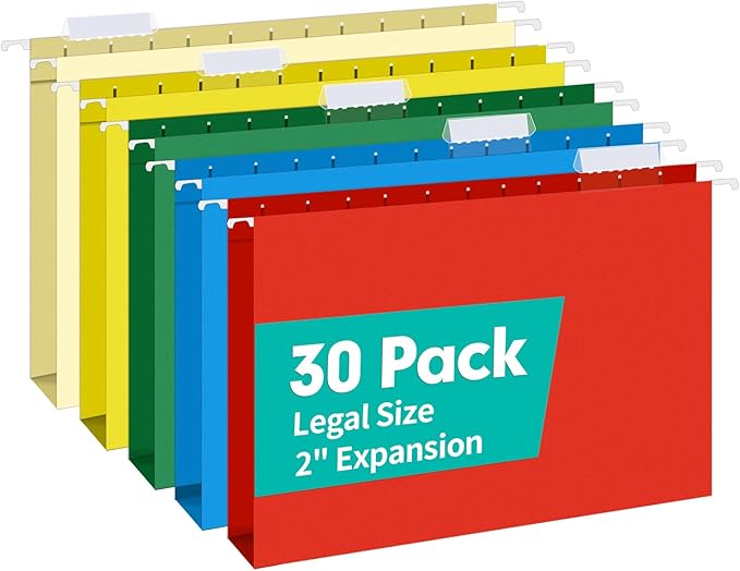 HERKKA Extra Capacity Legal Size Hanging File Folders, 30 Pack Reinforced Legal Size Hanging Folders with Heavy Duty 2 Inch Expansion, Designed for Bulky Files, Medical Charts, Assorted Colors
