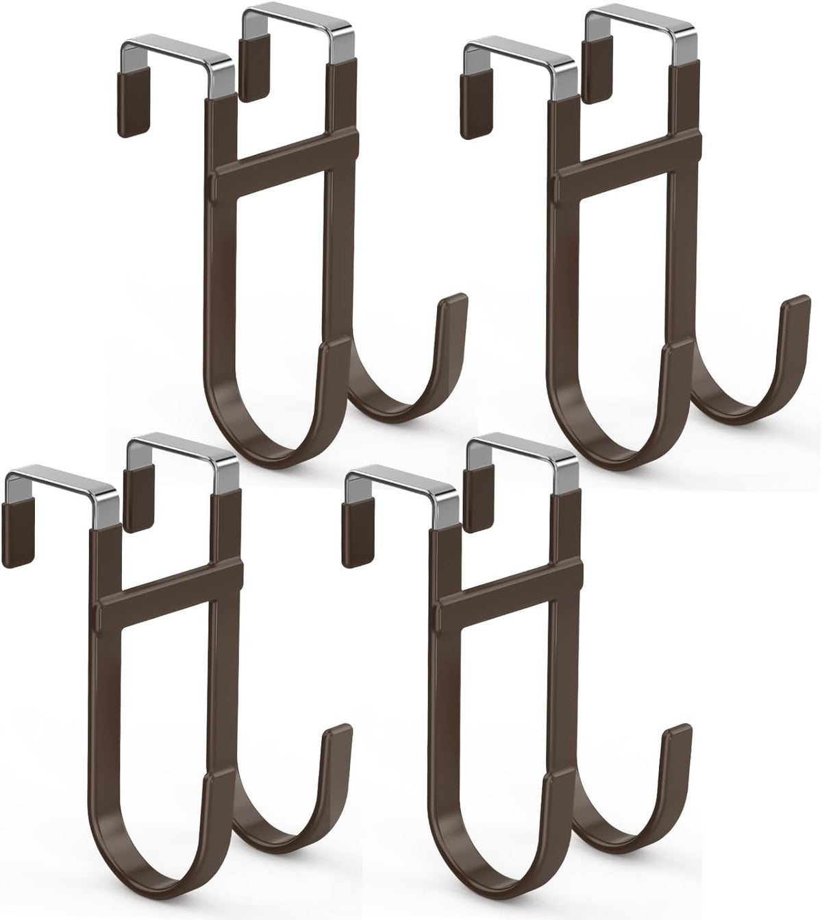 FYY Over The Door Hooks - 4 Pack Heavy Duty Dual-Hook Organizer Hanger with Non-Slip Rubber for Towels, Clothes, Hats & Bags Use in Bathroom, Bedroom, Kitchen - Fits Interior Doors Up to 1 3/8" Brown