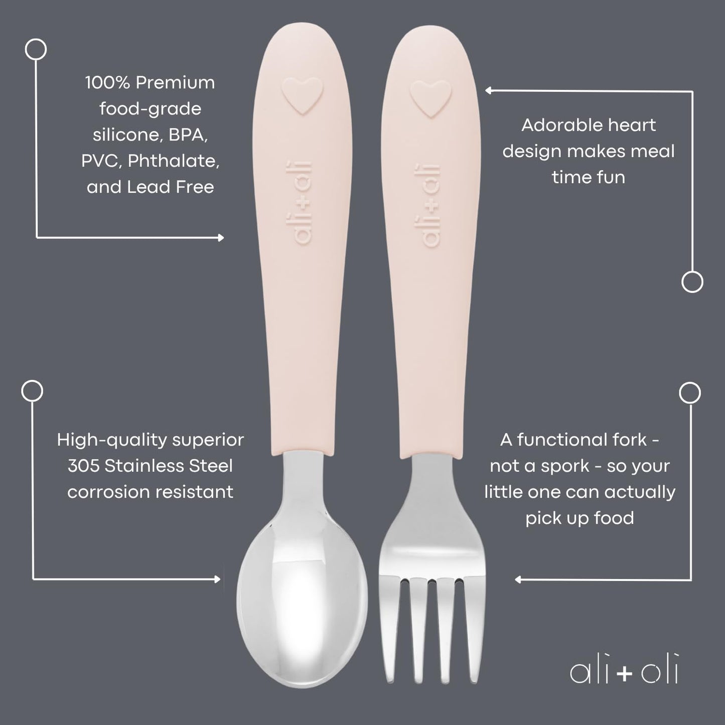 Ali+Oli Toddler Utensils Set (6 Pack) – Stainless Steel Kids Silverware with Soft Silicone Handles, BPA Free Baby Forks and Spoons, Durable Children Flatware Dishwasher Safe for Self Feeding (Hearts)