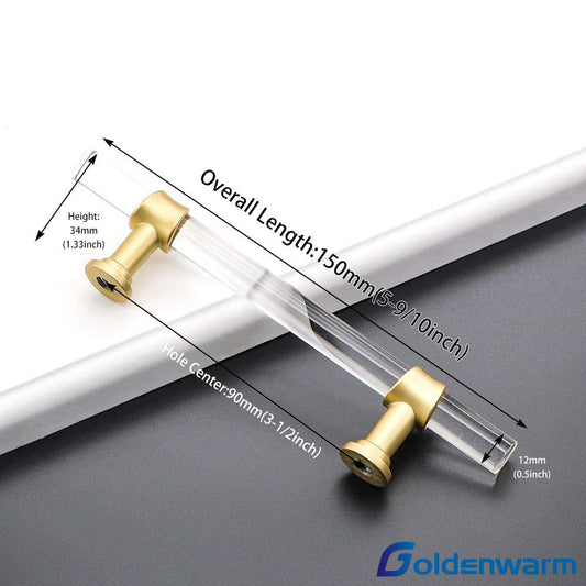 Goldenwarm 10 Pack 3-1/2 Inch Matte Gold Cabinet Pull Clear Acrylic Furniture Hardware Glass Cabinet Hardware for Kitchen Cupboard Bathroom