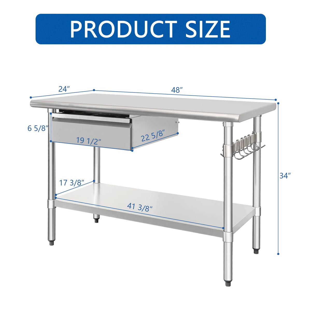HARDURA Stainless Steel Prep Table with Drawer 24" x 48" NSF Heavy Duty Bench with Undershelf, Hook and Galvanized Legs for Commercial Food Prep
