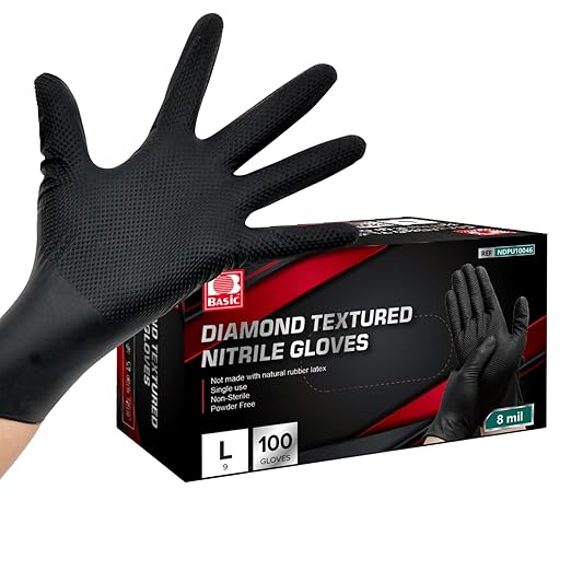 Jointown Basic Heavy Duty Nitrile Gloves, Mechanic Gloves 8 Mil Nitrile Disposable, with Raised Diamond Texture, Case of 100, Black, Large