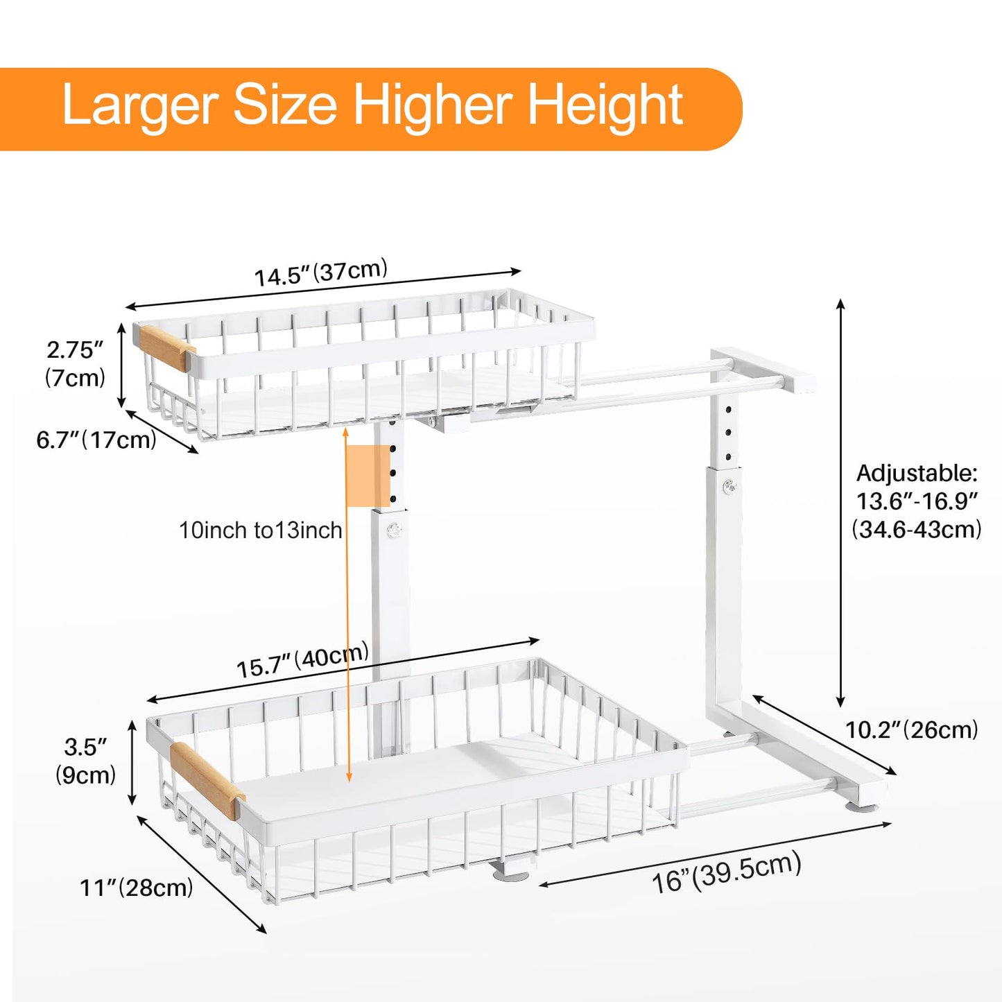PXRACK Under Sink Organizer, Adjustable Height, 2 Tier Pull Out Under Cabinet Organizer, Slide Out Thickened Metal Under Sink Storage for Kitchen Bathroom Laundry Pantry Cabinet, White, Large-2-Pack