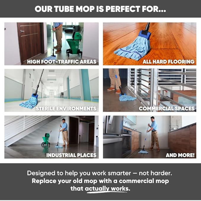 Commercial Mop Head Replacement – 1 Pack Blue Medium Microfiber Tube Mop (14 oz.) | Industrial Wet Mops | Refill Heads, Machine Washable, Heavy Duty | Hardwood, Tile, Laminate, Vinyl Floors