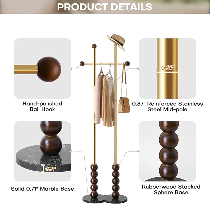Metal Freestanding Coat Rack with Stainless Steel Double Rods & Marble Base, Hanging Clothes Rack for Entryway, Hallway, Bedroom, Living Room, Gold