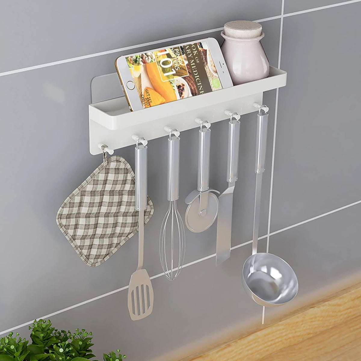 MKO Key Holder for Wall, Mail Organizer and Key Rack Wall Mount with Tray & 6 Hooks for Hallway (White)