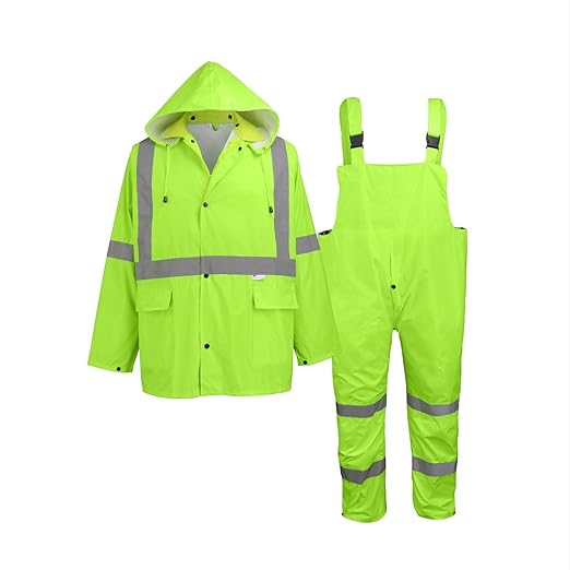 Global Glove FrogWear GLO-8000 Unisex High-Visibility Rain Suit, Lightweight Three-Piece Rain Gear with Waterproof Jacket, Bibs, and Detachable Hood – Neon Yellow, X-Large