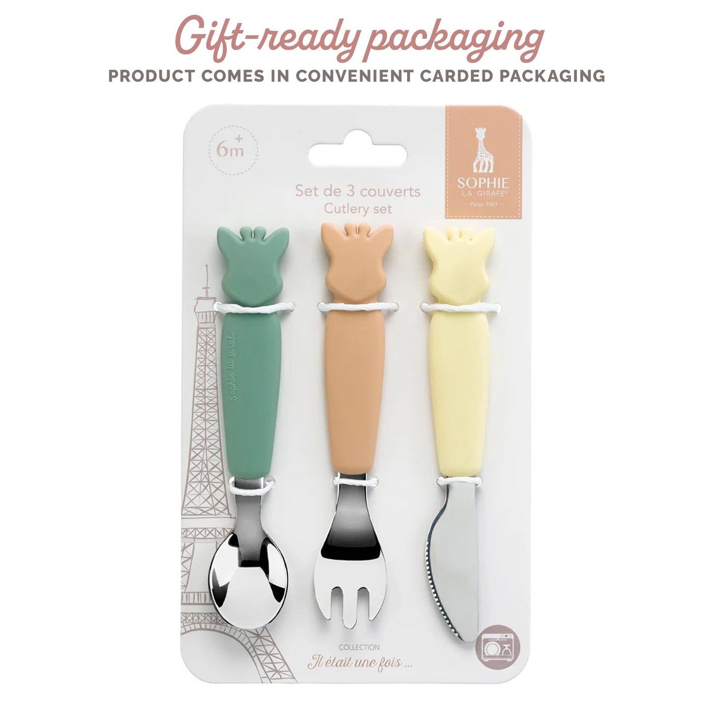 Sophie la girafe Baby Cutlery Set for Toddlers and Babies Easy Grip Fork Spoon and Rounded Safety Knife Stainless Steel First Feeding Utensils for Self Feeding