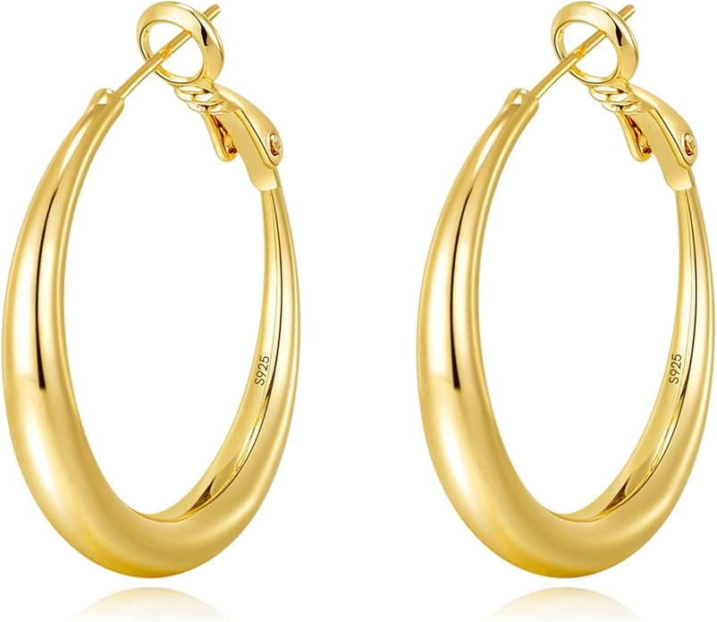 EXGOX Sterling Silver Hoop Earrings - Hypoallergenic, Lightweight, Chunky, 14K Real Gold Plated, Big Large Hoops for Women