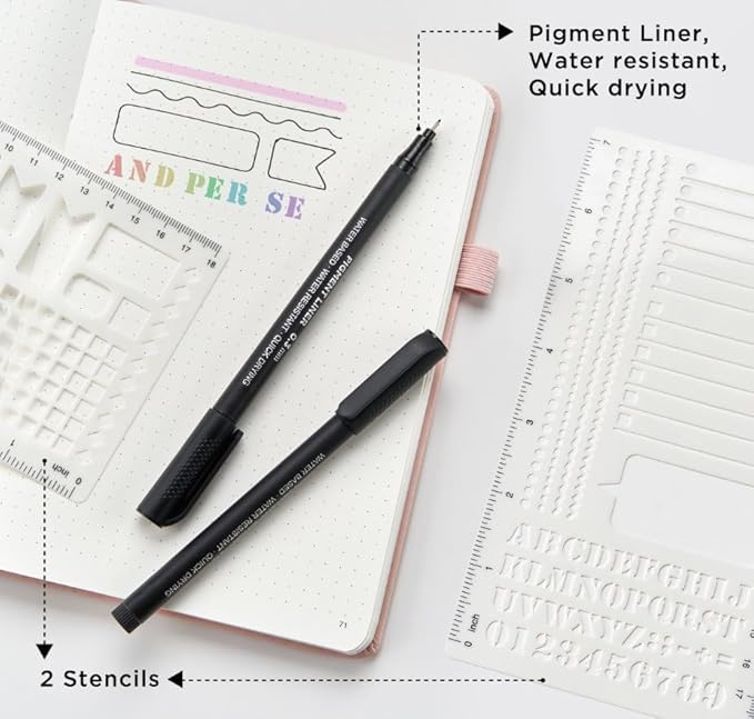 &And Per Se Bullet Dotted Journal Notebook, A5 Leather Hardcover, 176 Numbered Pages 100GSM Thick Dotted Paper, 2 Sheets of Stencils Included - 5.7'' x 8'' (Light Apricot)