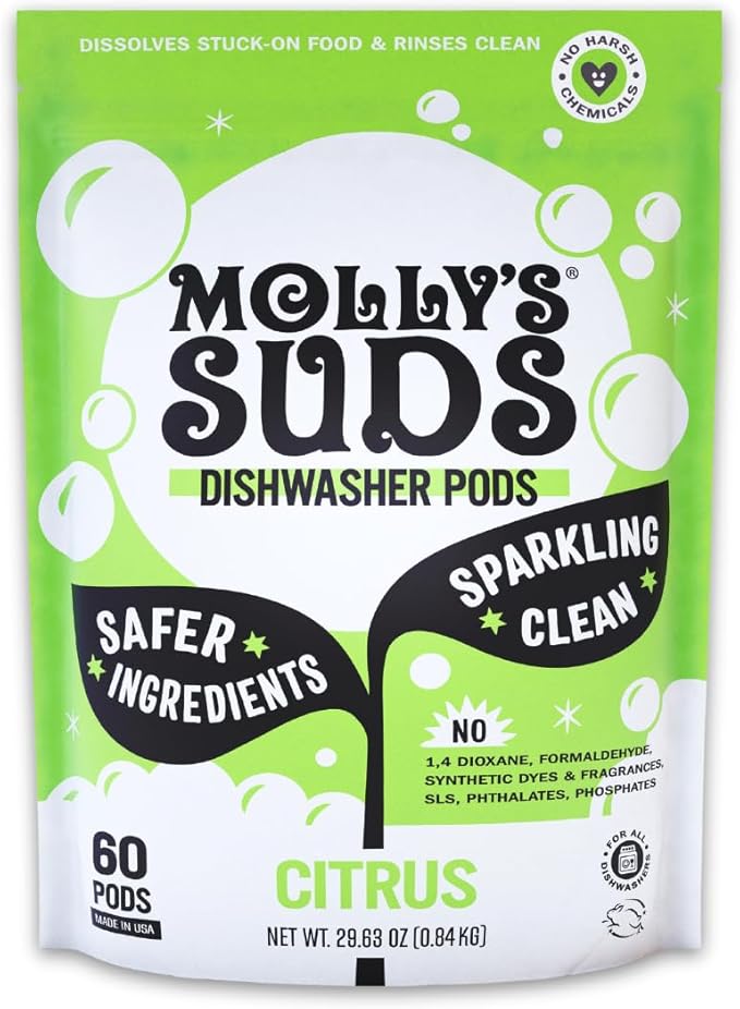 Molly's Suds Dishwasher Pods | Clean Dishwasher Detergent, Cuts Grease & Rinses Clean (Residue-Free) for Sparkling Dishes | 60 Auto-Release Tabs (Citrus)
