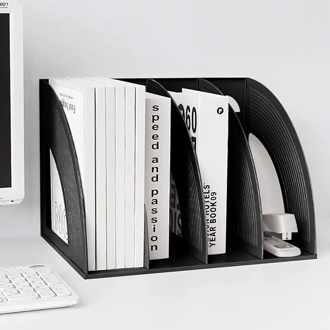 SAYEEC File Holder Storage Folder 4 Compartment Standing Desktop Hollow Organizer Black Files Shelf Frame Thicken Plastic Paper Notebook Magazine Bookstore for Office School Supplier Students
