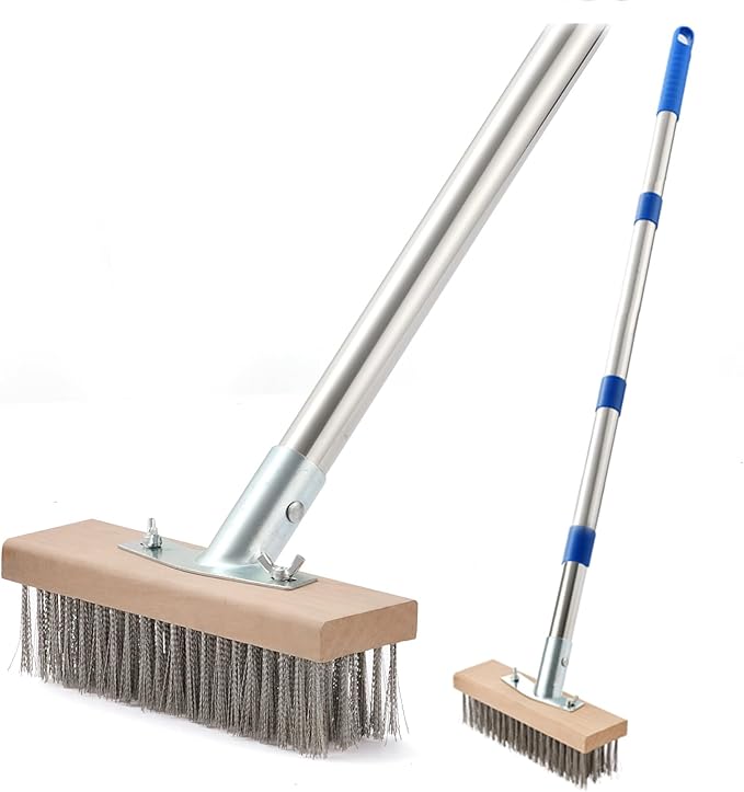 MAXMAN Floor Scrubber,Deck Brush,Stainless Steel Floor Scrub Brush with Long Handle, 63" Heavy Duty Outdoor Push Broom, Moss Remover, Scratch Brush for Scrubbing Concrete, Patio, Garden, Garage