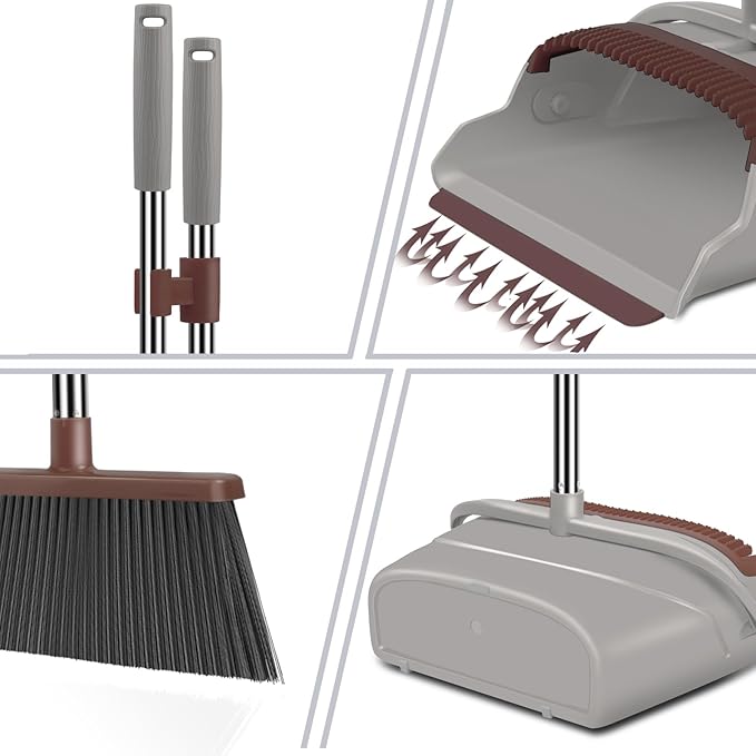 kelamayi Upgrade Broom and Dustpan Set, Self-Cleaning with Dustpan Teeth, Ideal for Dog Cat Pets Home Use, Super Long Handle Upright Stand Up Broom and Dustpan Set (Brown)