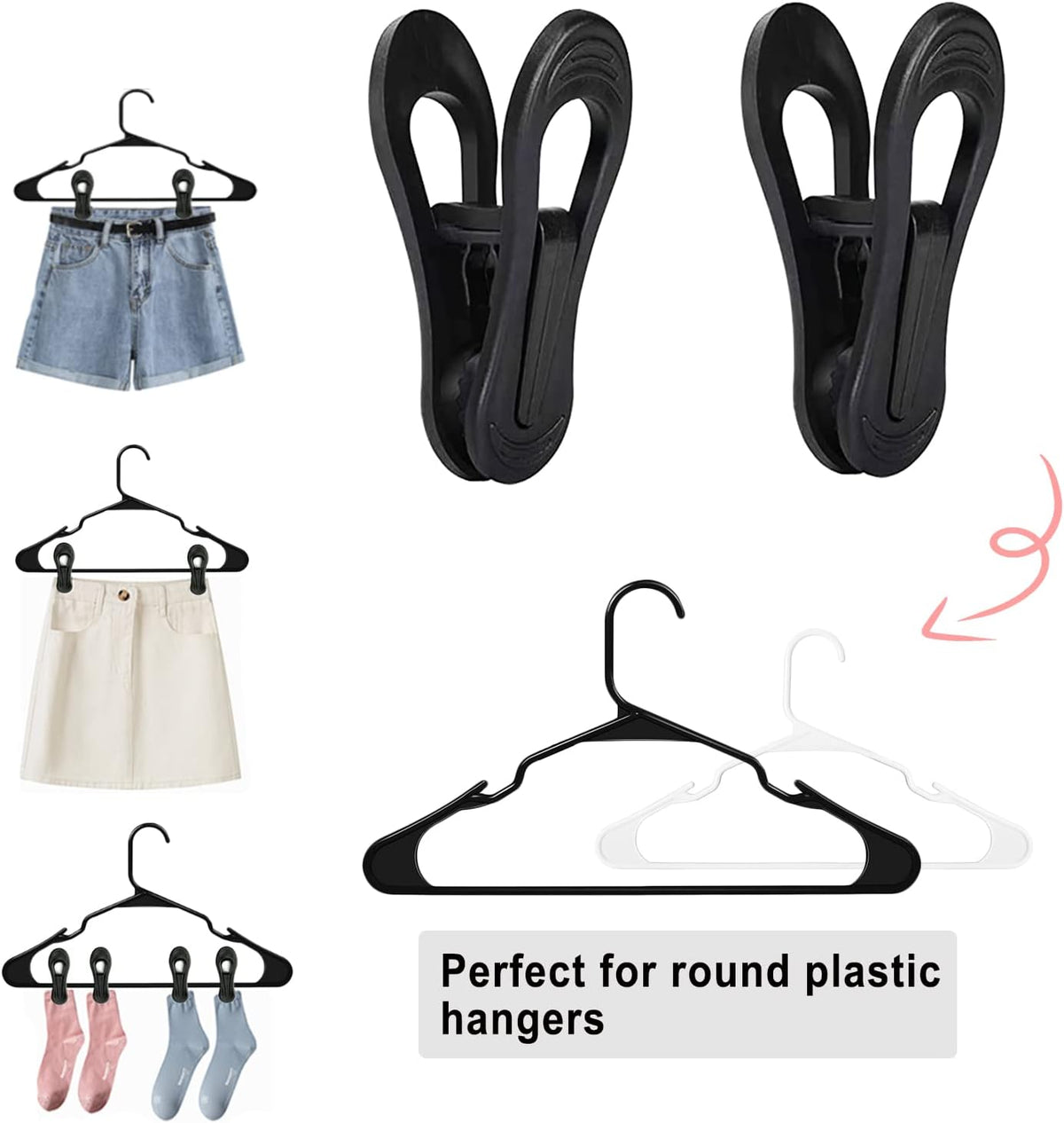 Black Hanger Clips 60 PCS, Multi-Purpose Plastic Clips Perfect for Plastic Hangers Velvet Hanger, Finger Clips for Skirt Pants Hangers