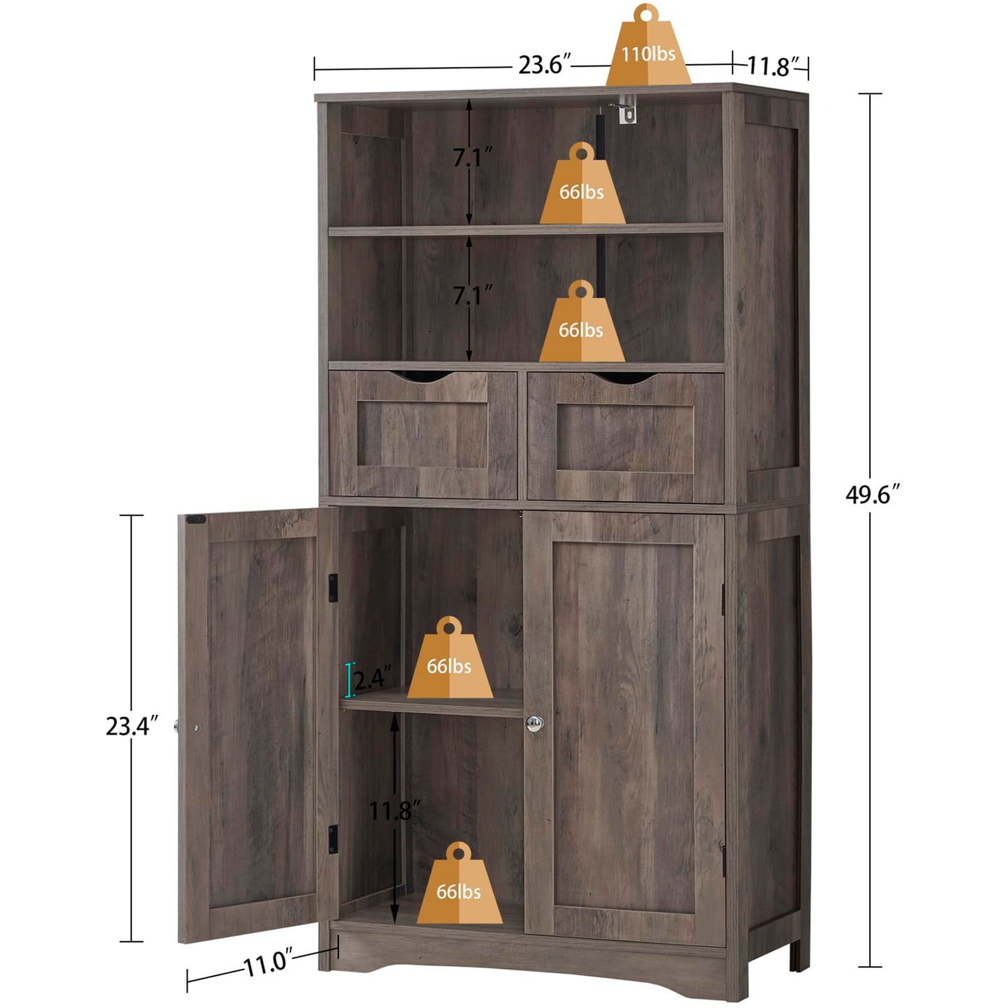 Iwell Tall Storage Cabinet with 2 Drawers & Adjustable Shelf, Bathroom Cabinet with Doors, Kitchen Pantry Storage Cabinets, Cupboard for Living Room, Dining Room, Entryway, Rustic Gray