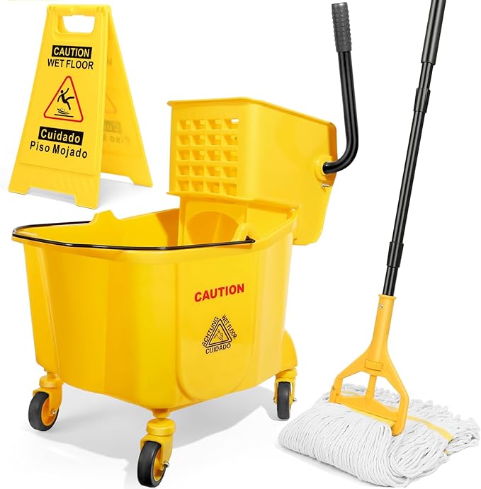 38 Qt Commercial Mop Bucket with Side Press Wringer on Wheels,Yellow Industrial Mops and Bucket Set for Floor Cleaning,Including 1 Industrial Mop and Wet Floor Caution Sign,Beyoco