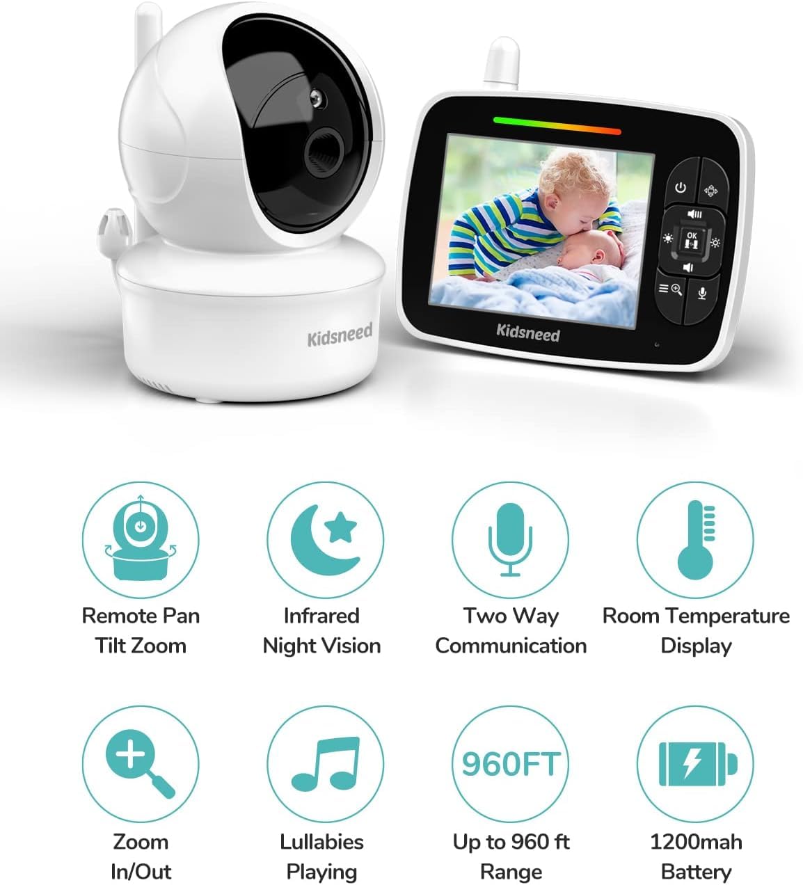 Baby Monitor - 3.5 inch Large Display Video Baby Monitor with Camera and Audio,Remote Pan/Tilt/Zoom, 1200 mAh Battery, Night Vision, Two Way Talk, Smart Temperature,Lullabies,960ft Long Range