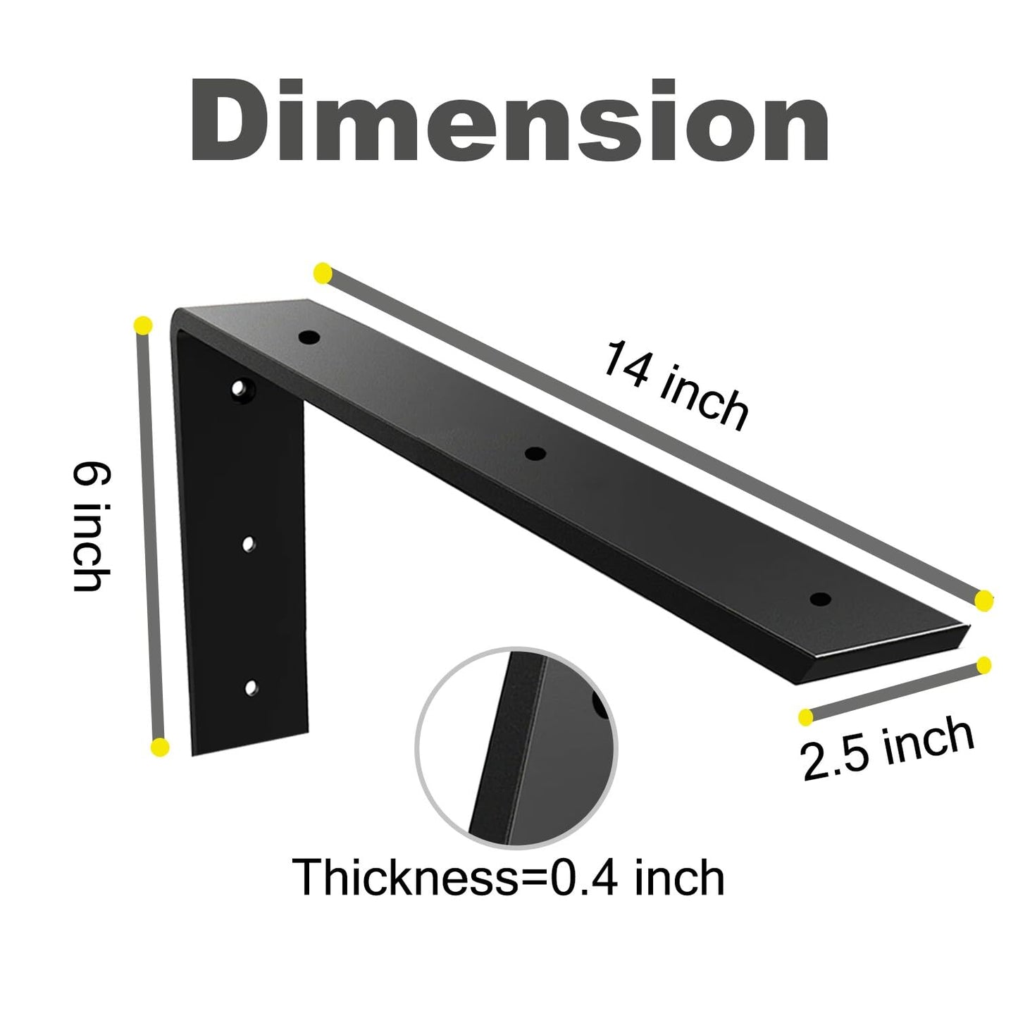 WINKER Countertop Support Bracket 4 Pack Heavy Duty 3/8" Thick Hidden L Shelf Bracket 14" x 6" x 2.5" Metal Corbels for Quartz/Granite/Wood/Concrete/Laminate Countertops, Black