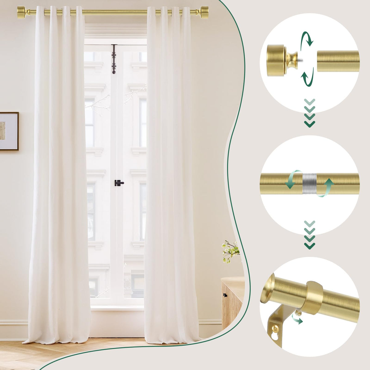Gold Curtain Rods for Windows 28 to 48 Inch(2.3-4ft), 1 Inch Diameter Heavy Duty Curtain Rod, Adjustable Decorative Drapery Poles 18-45", Brushed Gold