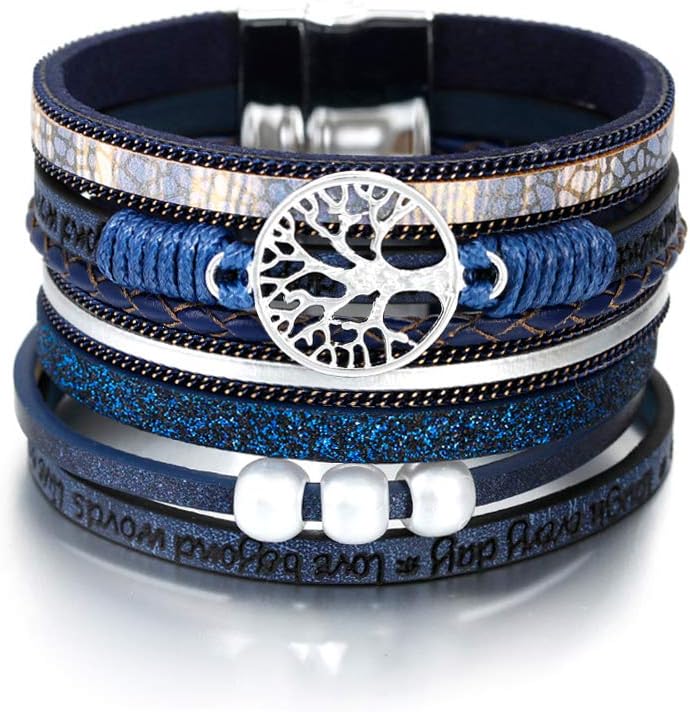 Fesciory Leather Wrap Bracelets for Women, Boho Leopard Multi-Layer Crystal Beads Cuff Bracelet Jewelry