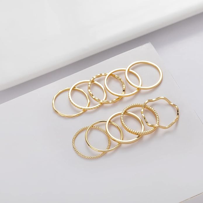WFYOU 10 Pcs 1-2mm 18K Gold Plated Simple Rings for Women Band Knuckle Stacking Midi Rings Elegant Classic Minimalist Rings Comfort Fit