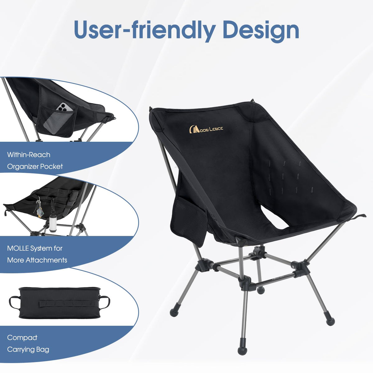 MOON LENCE Camping Chair Plus, Upgraded Comfort & Size, Still Compact and Lightweight, Folding Portable Chair for Backpacking & Hiking, 400Lbs Capacity, Gen 3 Plus (Black (Plus))