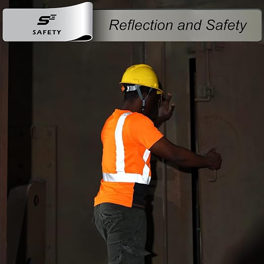 Hi Vis T Shirt Class 3 High Visibility Shirts for Men Safety Shirts with Reflective Strips and Pocket Breathable Construction Work Mesh Short Sleeve Orange-Black