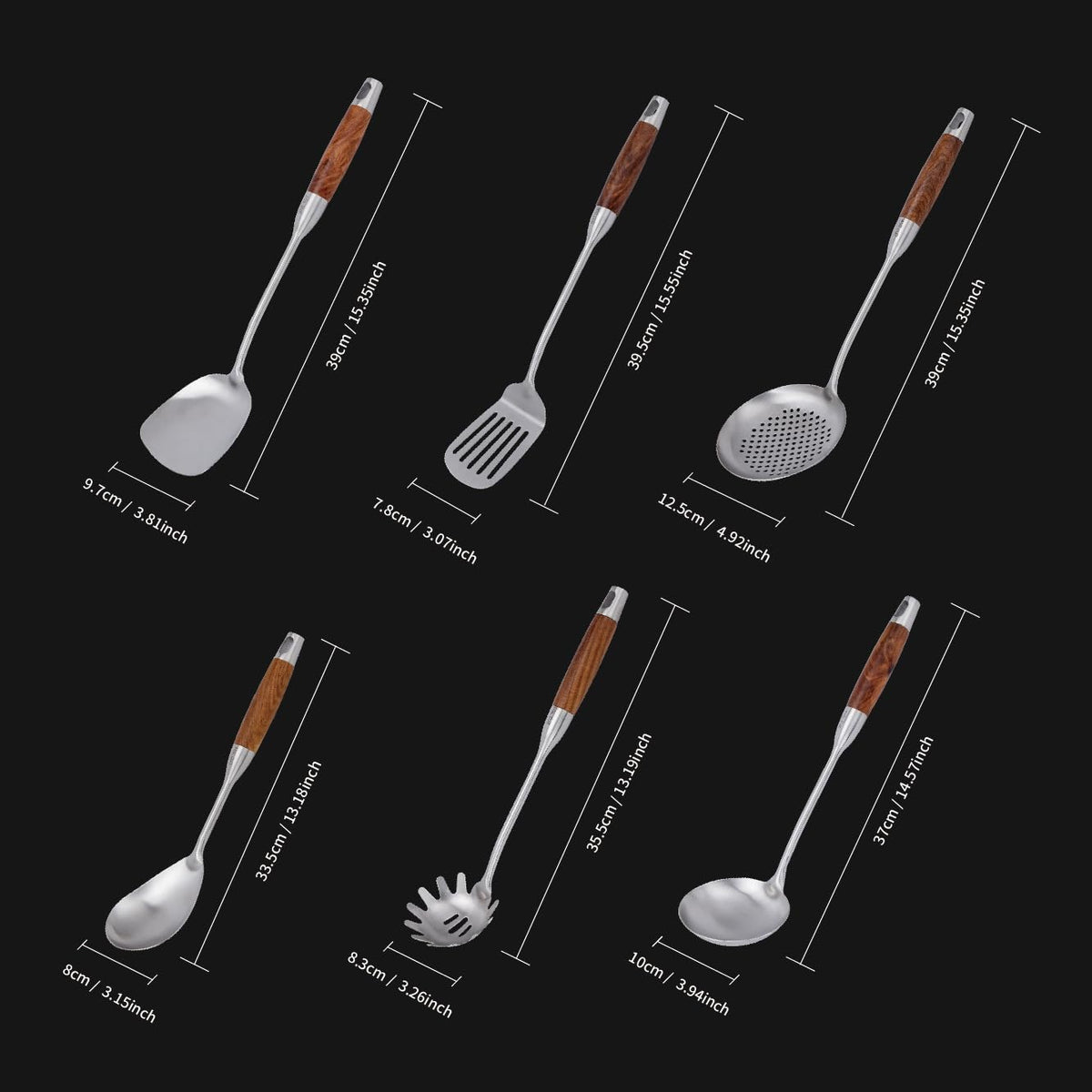 VALESKA Kitchen Utensils Set with Wood Handle, 6 Pieces Stainless Steel Utensils Set, Metal Cooking Utensils Set, Non-Stick and Heat Resistant