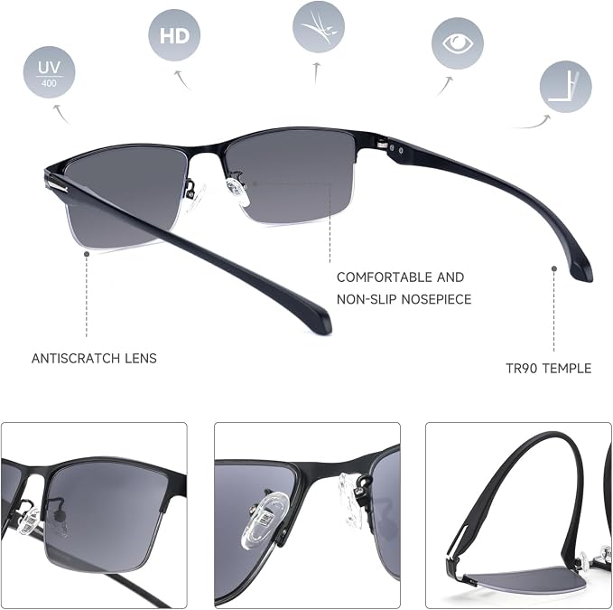 SKYOAK 2 Pack Premium Reading Sunglasses for Men with UV400 Protection Outdoors, TR90 Ultra-Light Dark Lens Sun Readers, Tinted Reading Glasses Half Frame Design & +1.75x - Not Bifocals