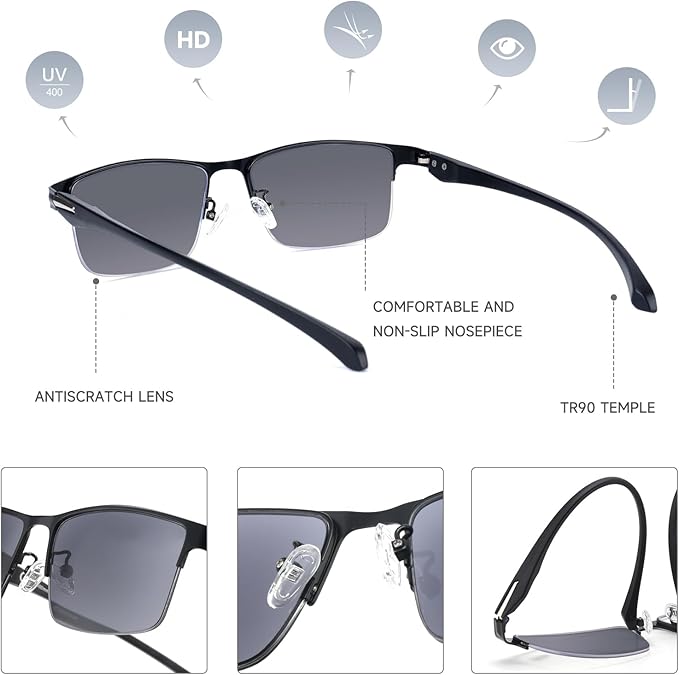 SKYOAK 2 Pack Premium Reading Sunglasses for Men with UV400 Protection Outdoors, TR90 Ultra-Light Dark Lens Sun Readers, Tinted Reading Glasses Half Frame Design & +2.50x - Not Bifocals