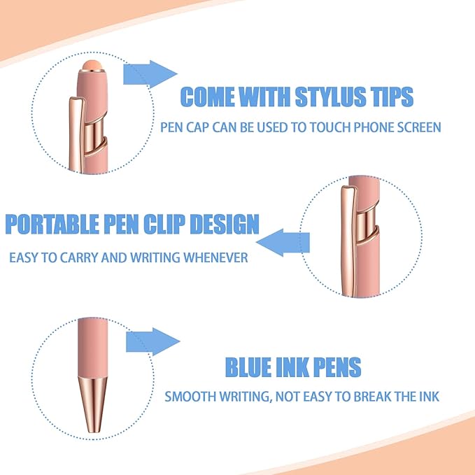 12 Pcs Blue Ink Ballpoint Pen with Stylus Tip, 1.0 mm Metal Pen Stylus Pen for Touch Screens, 2 in 1 Thank You Pen Gift for Friends, Colleagues, Coworker, Office, Family(Pink Rose Gold)
